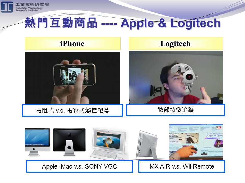 熱門互動商品 ---- Apple & Logitech iPhone 電阻式 v.s. 電容式觸控螢幕 Logitech Apple iMac v.s.