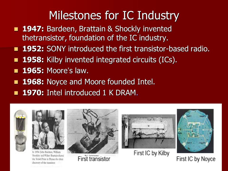 Milestones for IC Industry 1947: Bardeen, Brattain & Shockly invented thetransistor, foundation of the IC industry.