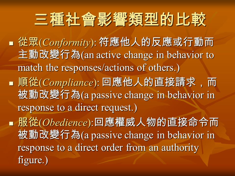 三種社會影響類型的比較 從眾 (Conformity): 符應他人的反應或行動而 主動改變行為 (an active change in behavior to match the responses/actions of others.) 從眾 (Conformity): 符應他人的反應或行動而 主動改變行為 (an active change in behavior to match the responses/actions of others.) 順從 (Compliance): 回應他人的直接請求，而 被動改變行為 (a passive change in behavior in response to a direct request.) 順從 (Compliance): 回應他人的直接請求，而 被動改變行為 (a passive change in behavior in response to a direct request.) 服從 (Obedience): 回應權威人物的直接命令而 被動改變行為 (a passive change in behavior in response to a direct order from an authority figure.) 服從 (Obedience): 回應權威人物的直接命令而 被動改變行為 (a passive change in behavior in response to a direct order from an authority figure.)