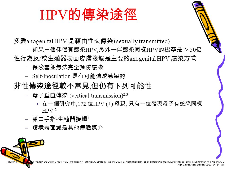 HPV 的傳染途徑 多數 anogenital HPV 是藉由性交傳染 (sexually transmitted) – 如果一個伴侶有感染 HPV, 另外一伴感染同樣 HPV 的機率是 > 50 倍 性行為及 / 或生殖器表面皮膚接觸是主要的 anogenital HPV 感染方式 – 保險套並無法完全預防感染 –Self-inoculation 是有可能造成感染的 非性傳染途徑較不常見, 但仍有下列可能性 – 母子垂直傳染 (vertical transmission) 2,3 在一個研究中,172 位 HPV (+) 母親, 只有一位發現母子有感染同樣 HPV 2 – 藉由手指 - 生殖器接觸 1 – 環境表面或是其他傳遞媒介 1.