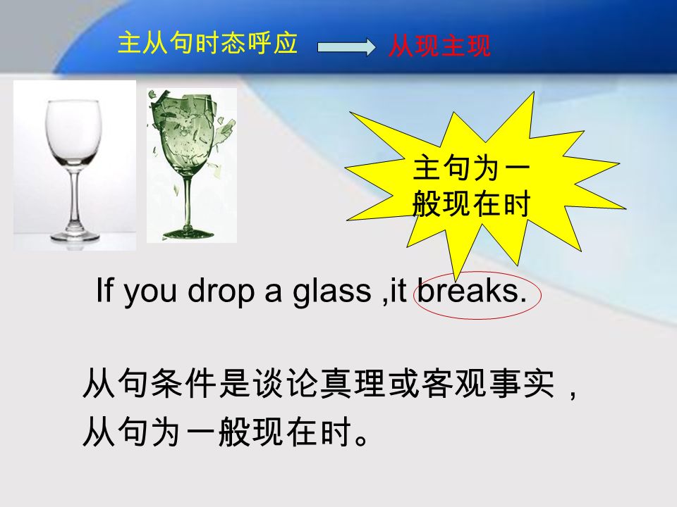 If you drop a glass,it breaks. 从句条件是谈论真理或客观事实， 从句为一般现在时。 主句为一 般现在时 主从句时态呼应 从现主现