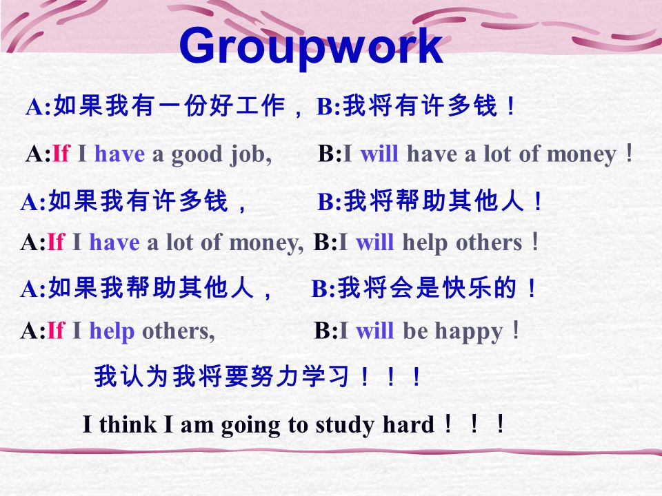 A: 如果我努力学习， B: 我将取得好成绩！ Groupwork A:If I study hard, B:I will get good grades ！ A: 如果我取得好成绩, B: 我将去一所好大学！ A:If I get good grades, B:I will go to a good college ！ A: 如果我去一所好大学， B: 我将有一份好工作！ A:If I go to a good college, B:I will have a good job!