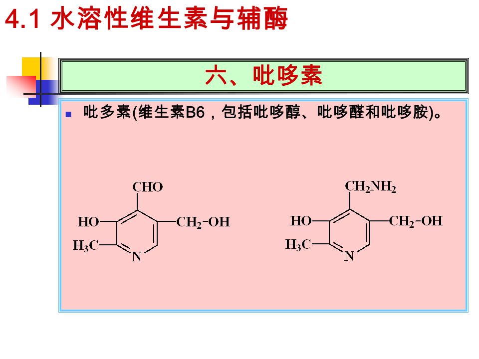 六、吡哆素 吡多素 ( 维生素 B6 ，包括吡哆醇、吡哆醛和吡哆胺 ) 。 4.1 水溶性维生素与辅酶