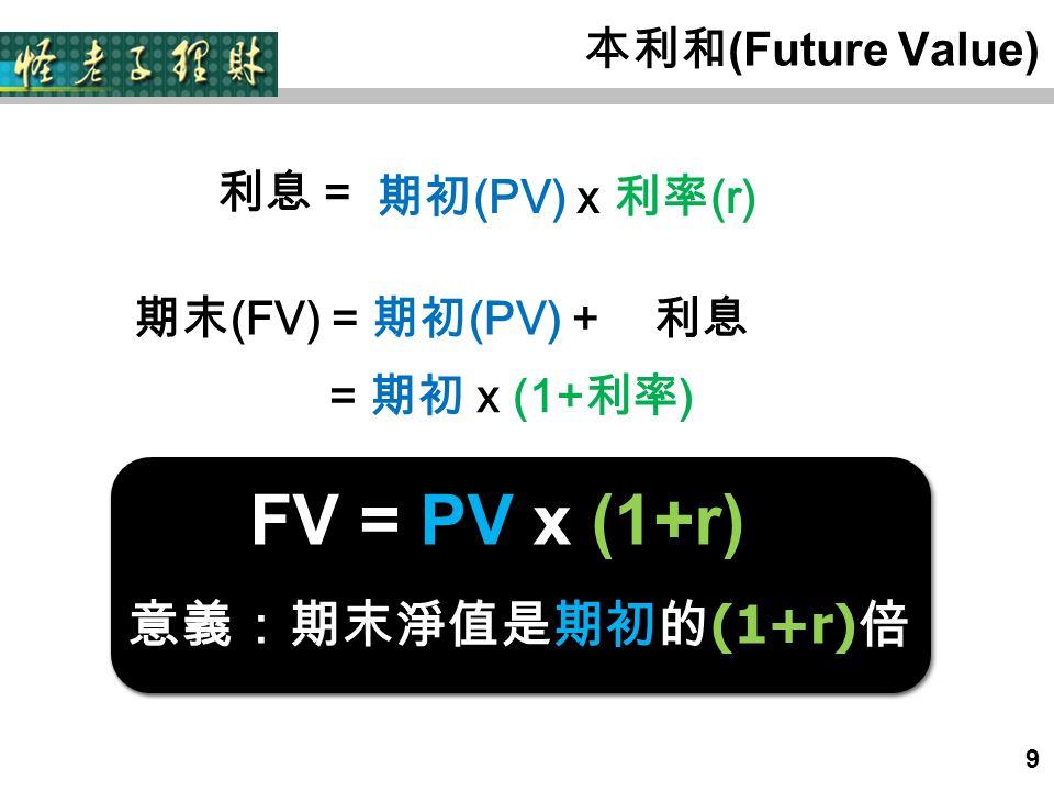 本利和 (Future Value) 利息 = 期末 (FV) = 期初 (PV) + = 期初 x (1+ 利率 ) 利息 期初 (PV) x 利率 (r) 9