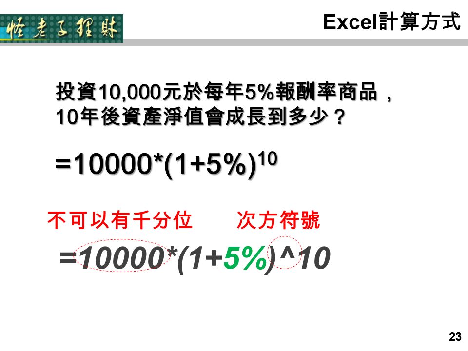 23 Excel 計算方式 =10000*(1+5%)^10 次方符號不可以有千分位 23 投資 10,000 元於每年 5% 報酬率商品， 10 年後資產淨值會成長到多少？ =10000*(1+5%) 10