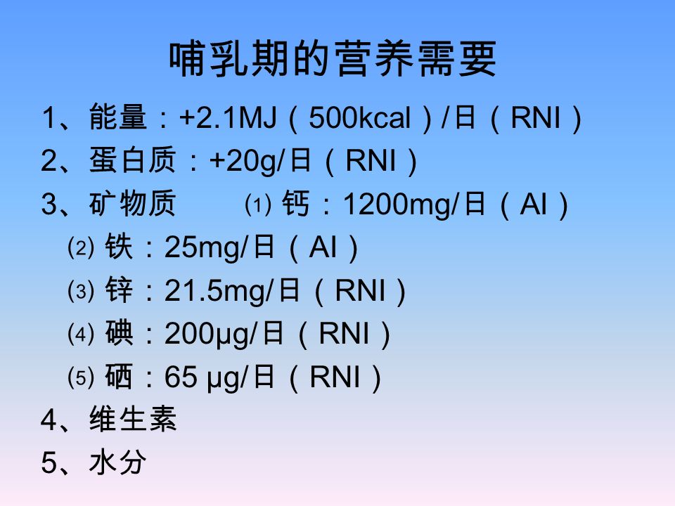 哺乳期的营养需要 1 、能量： +2.1MJ （ 500kcal ） / 日（ RNI ） 2 、蛋白质： +20g/ 日（ RNI ） 3 、矿物质⑴ 钙： 1200mg/ 日（ AI ） ⑵ 铁： 25mg/ 日（ AI ） ⑶ 锌： 21.5mg/ 日（ RNI ） ⑷ 碘： 200μg/ 日（ RNI ） ⑸ 硒： 65 μg/ 日（ RNI ） 4 、维生素 5 、水分