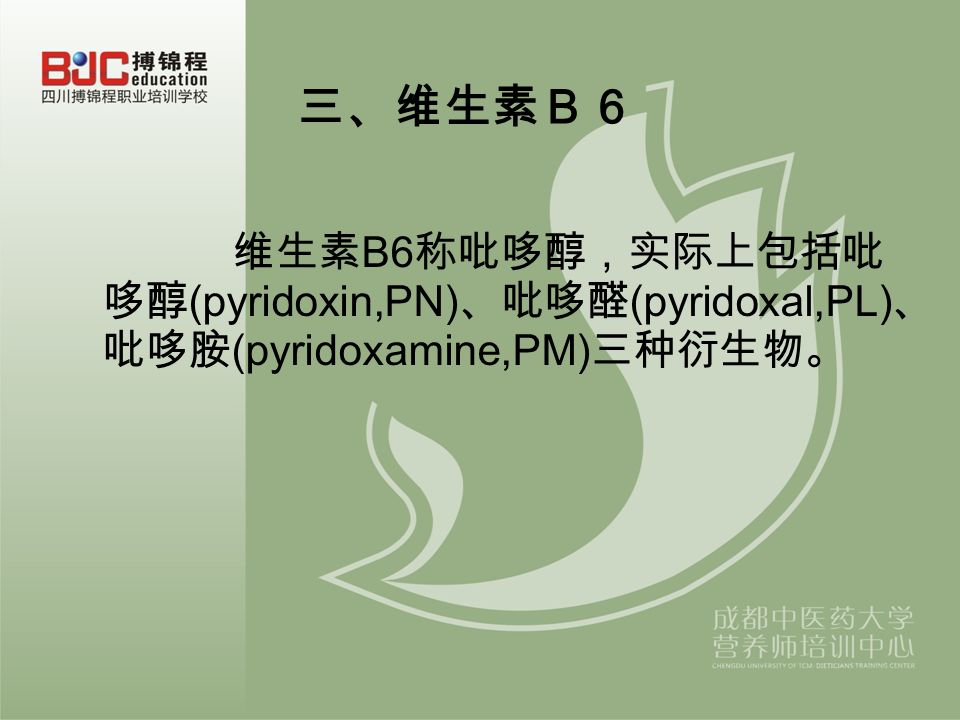 三、维生素Ｂ６ 维生素 B6 称吡哆醇，实际上包括吡 哆醇 (pyridoxin,PN) 、吡哆醛 (pyridoxal,PL) 、 吡哆胺 (pyridoxamine,PM) 三种衍生物。