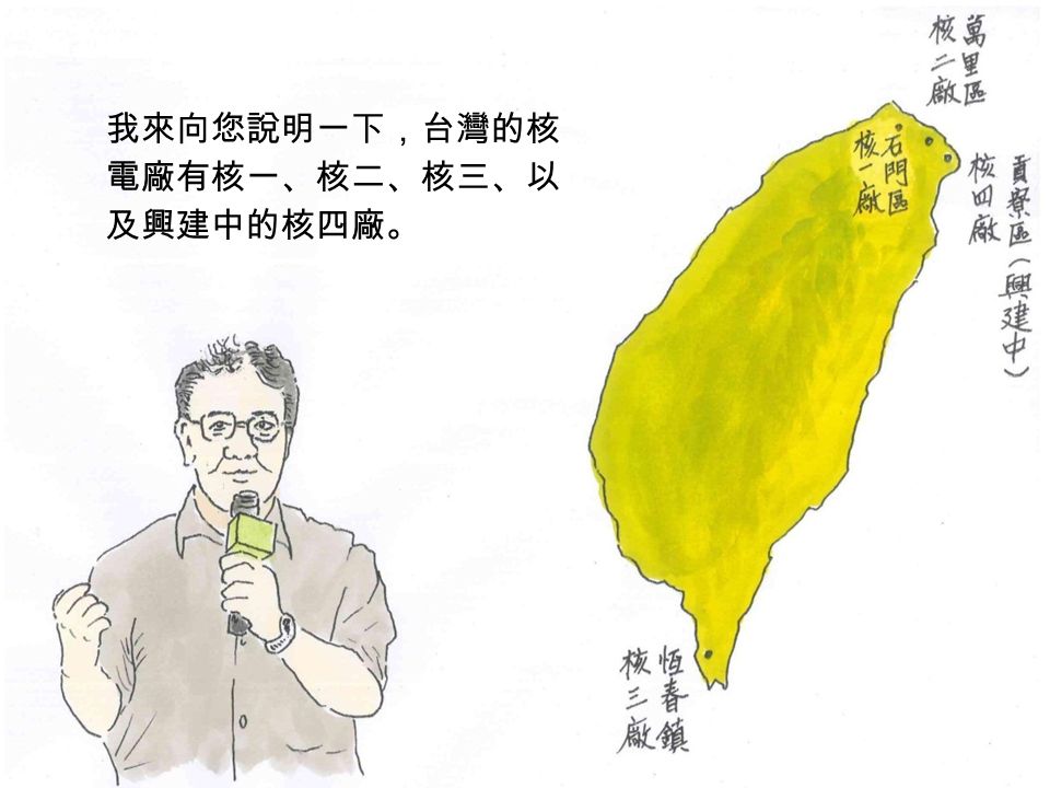 我來向您說明一下，台灣的核 電廠有核一、核二、核三、以 及興建中的核四廠。