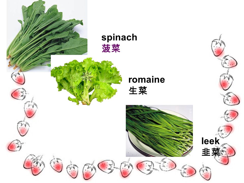 spinach 菠菜 romaine 生菜 leek 韭菜