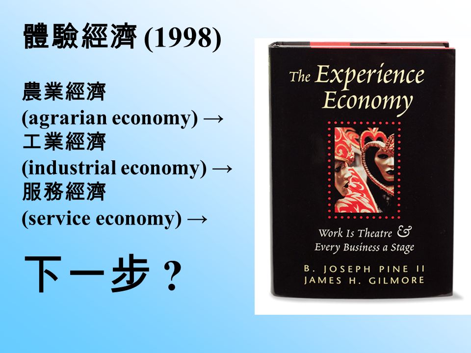 體驗經濟 (1998) 農業經濟 (agrarian economy) → 工業經濟 (industrial economy) → 服務經濟 (service economy) → 下一步