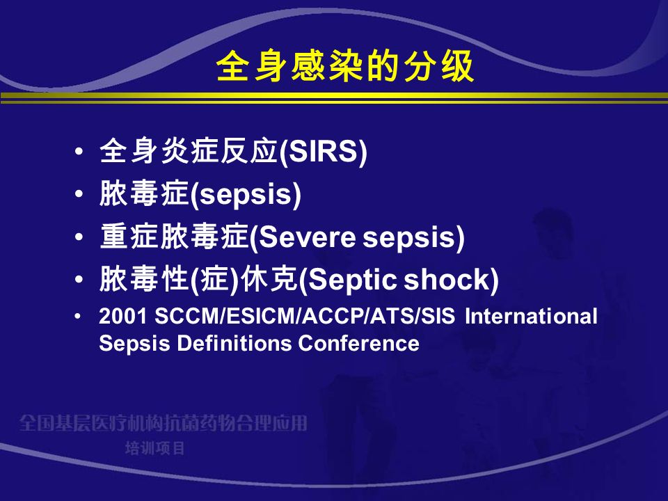 全身感染的分级 全身炎症反应 (SIRS) 脓毒症 (sepsis) 重症脓毒症 (Severe sepsis) 脓毒性 ( 症 ) 休克 (Septic shock) 2001 SCCM/ESICM/ACCP/ATS/SIS International Sepsis Definitions Conference