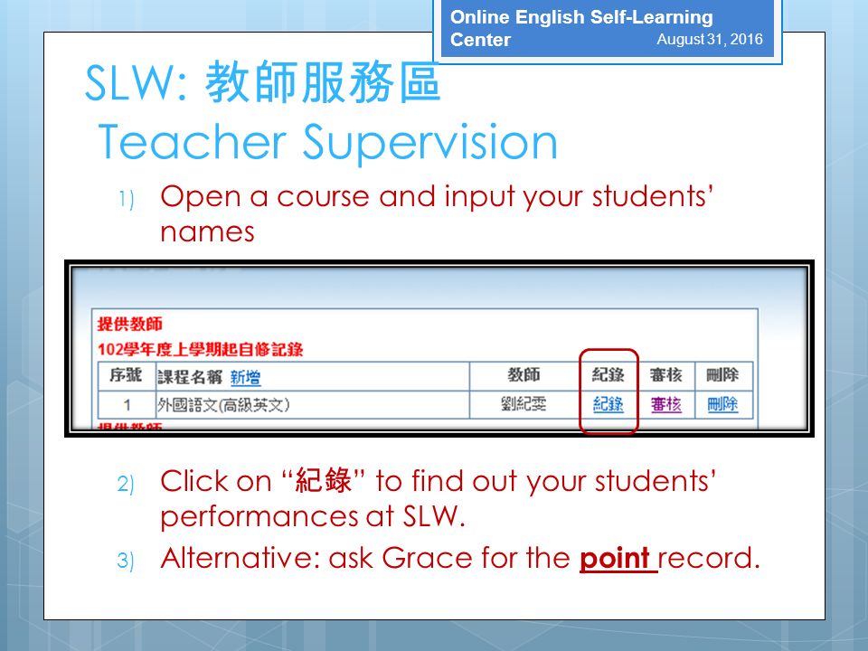 Online English Self-Learning Center SLW: 教師服務區 Teacher Supervision 1) Open a course and input your students’ names 2) Click on 紀錄 to find out your students’ performances at SLW.