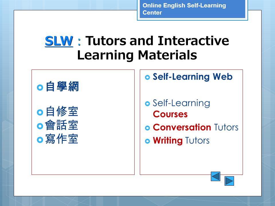 Online English Self-Learning Center SLW SLW ： SLW ： Tutors and Interactive Learning Materials SLW  自學網  自修室  會話室  寫作室  Self-Learning Web  Self-Learning Courses  Conversation Tutors  Writing Tutors