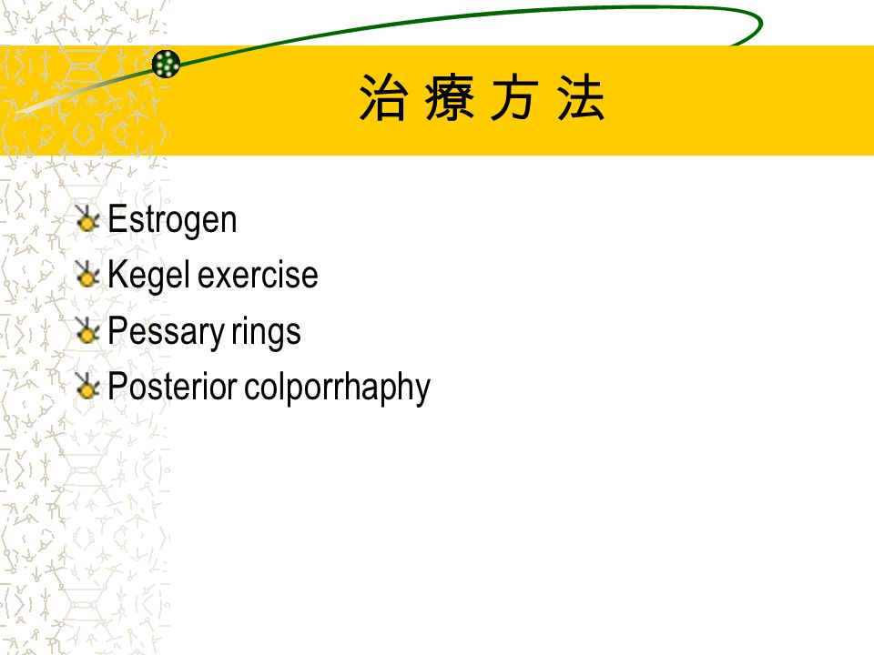 治 療 方 法治 療 方 法 Estrogen Kegel exercise Pessary rings Posterior colporrhaphy
