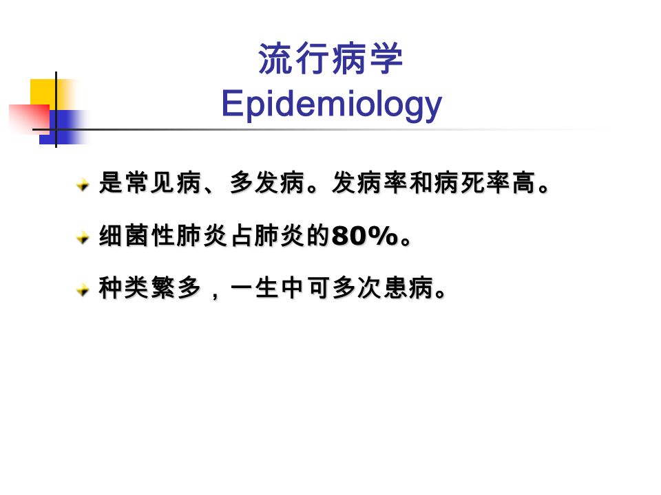 流行病学 Epidemiology 是常见病、多发病。发病率和病死率高。 细菌性肺炎占肺炎的 80% 。 种类繁多，一生中可多次患病。