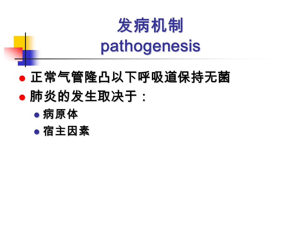 发病机制pathogenesis 正常气管隆凸以下呼吸道保持无菌 正常气管隆凸以下呼吸道保持无菌 肺炎的发生取决于： 肺炎的发生取决于： 病原体 病原体 宿主因素 宿主因素