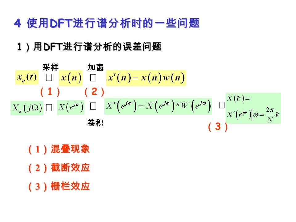 4 使用 DFT 进行谱分析时的一些问题 1 ）用 DFT 进行谱分析的误差问题 （ 3 ）栅栏效应 采样    加窗  卷积 （1）（1） （3）（3） （2）（2） （ 1 ）混叠现象 （ 2 ）截断效应