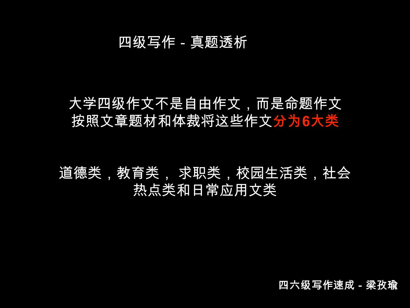 梁孜瑜四级写作速成 3 提分是王道 四级写作 大纲分析 写作部分测试学生用英语进行书面表达的能力 所占分值比例为15 作文 和翻译属于一个部分 总占