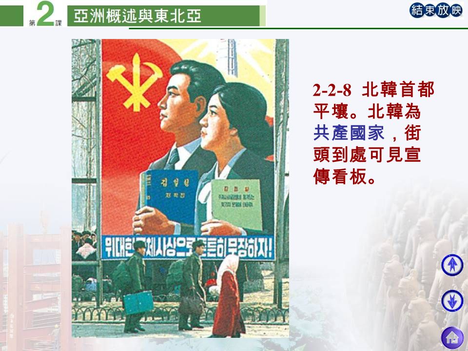 2-2-8 北韓首都 平壤。北韓為 共產國家，街 頭到處可見宣 傳看板。