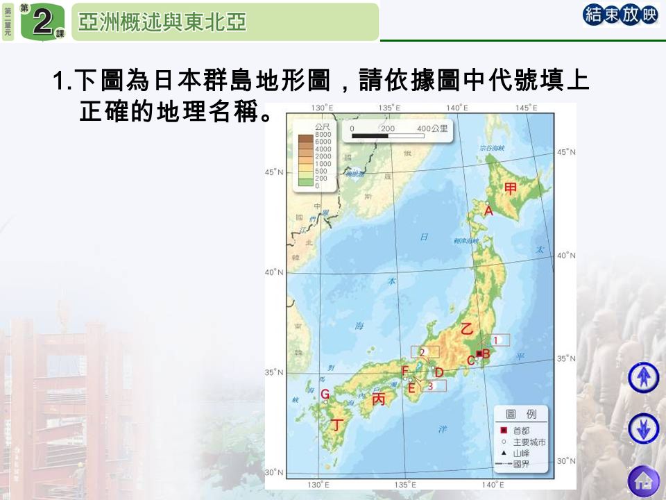1. 下圖為日本群島地形圖，請依據圖中代號填上 正確的地理名稱。