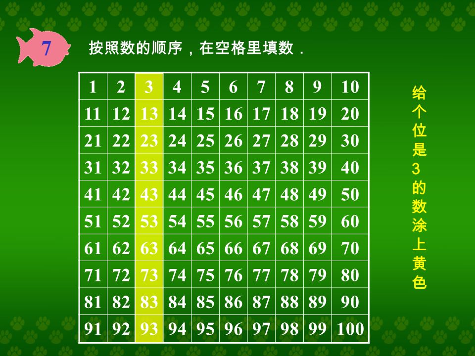 7 按照数的顺序，在空格里填数． 给十位是3的数涂上绿色给十位是3的数涂上绿色