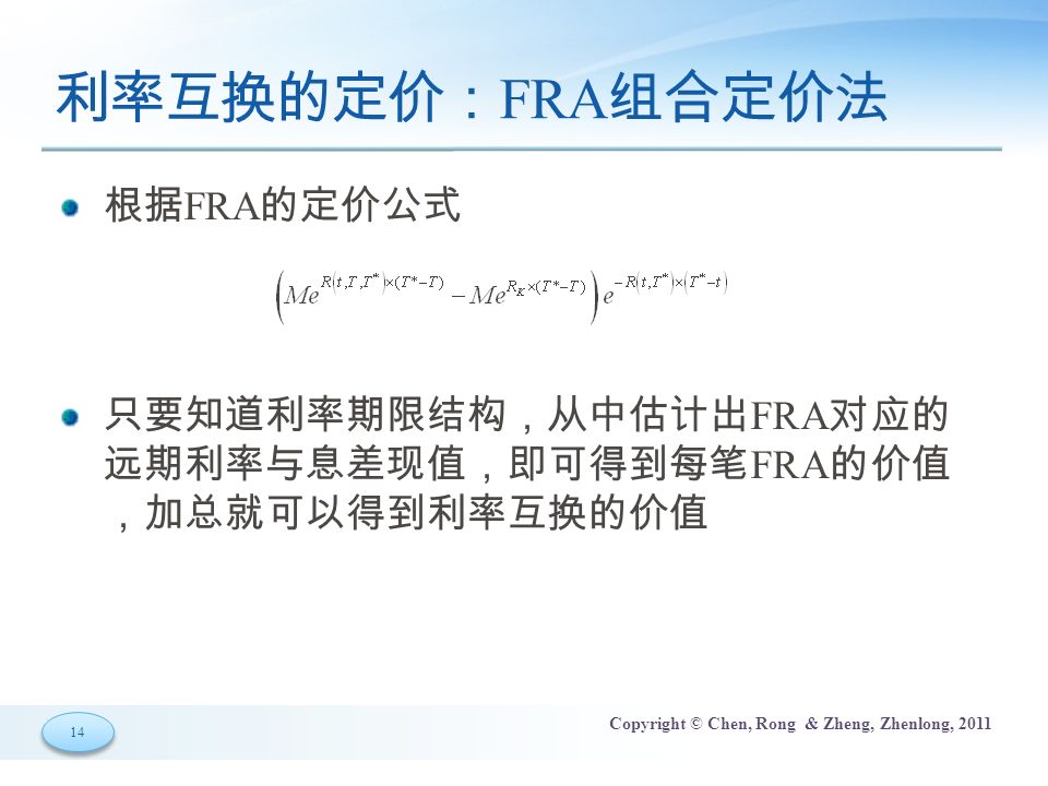 14 Copyright © Chen, Rong & Zheng, Zhenlong, 2011 利率互换的定价： FRA 组合定价法 根据 FRA 的定价公式 只要知道利率期限结构，从中估计出 FRA 对应的 远期利率与息差现值，即可得到每笔 FRA 的价值 ，加总就可以得到利率互换的价值