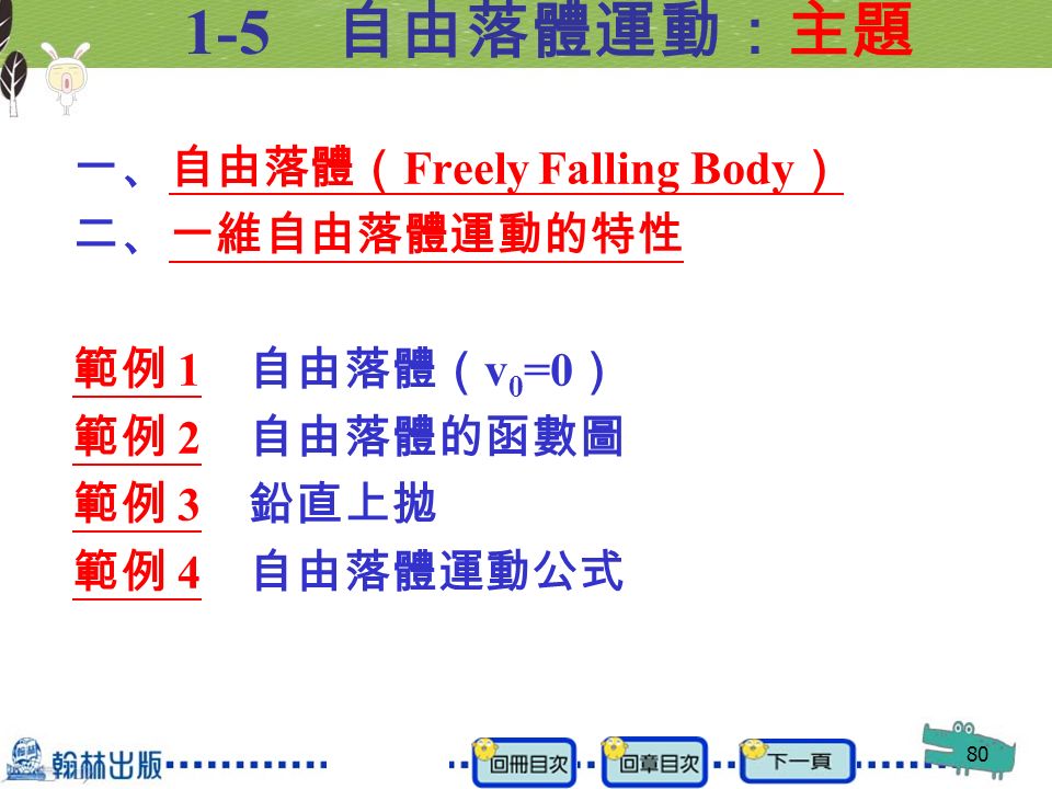 自由落體運動：主題 一、自由落體（ Freely Falling Body ） 二、一維自由落體運動的特性 範例 1 自由落體（ v 0 =0 ） 範例 2 自由落體的函數圖 範例 3 鉛直上拋 範例 4 自由落體運動公式