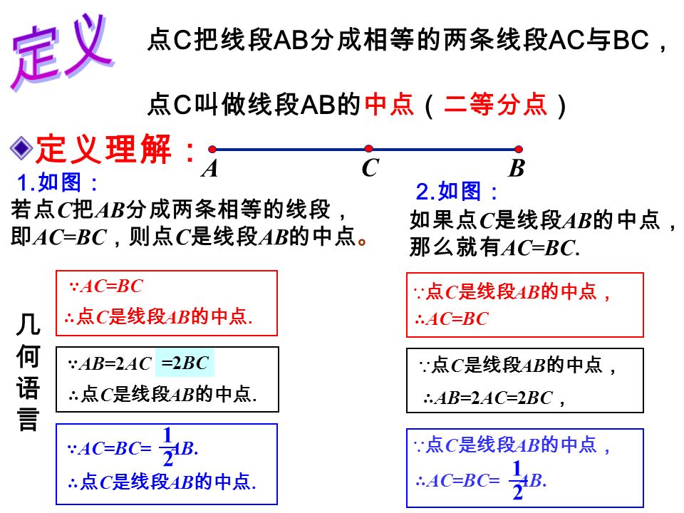 几何语言几何语言 ∴点 C 是线段 AB 的中点. ∵ AC=BC ∵ AB=2AC ∴点 C 是线段 AB 的中点.