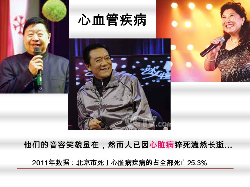 他们的音容笑貌虽在，然而人已因心脏病猝死溘然长逝 … 2011 年数据：北京市死于心脏病疾病的占全部死亡 25.3% 心血管疾病