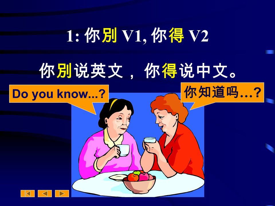 1: 你別 V1, 你得 V2 你別说英文， 你得说中文。 Do you know... 你知道吗 …