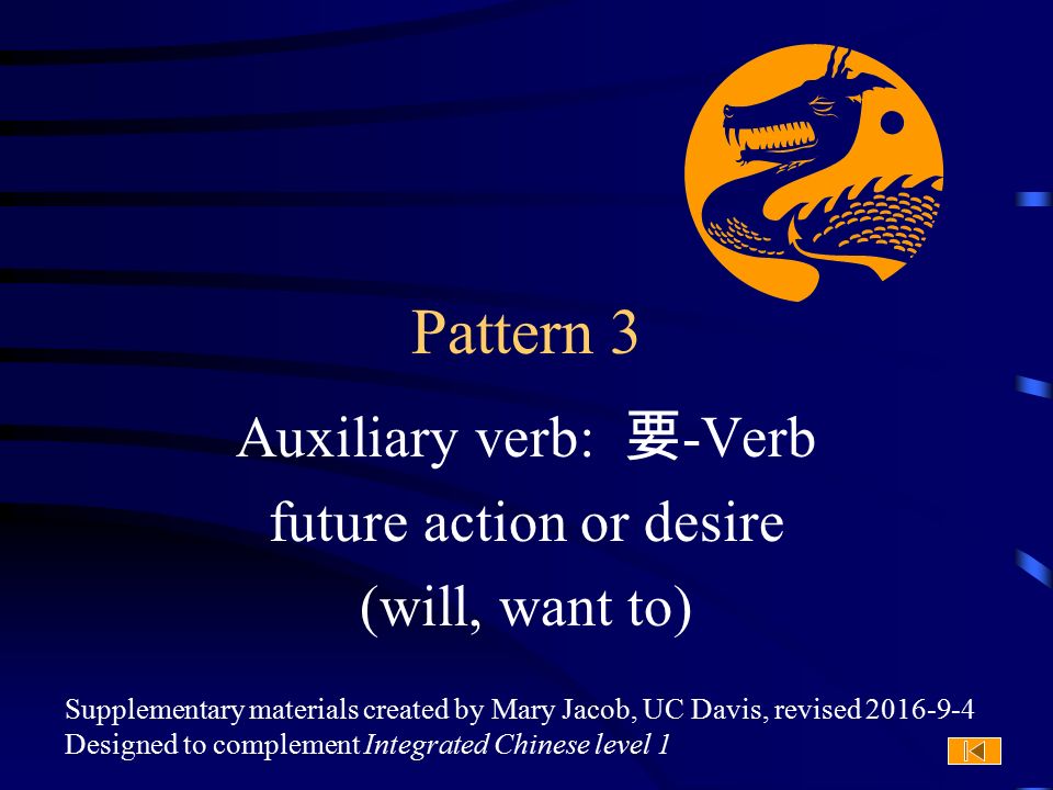 Supplementary materials created by Mary Jacob, UC Davis, revised Designed to complement Integrated Chinese level 1 Pattern 3 Auxiliary verb: 要 -Verb future action or desire (will, want to)