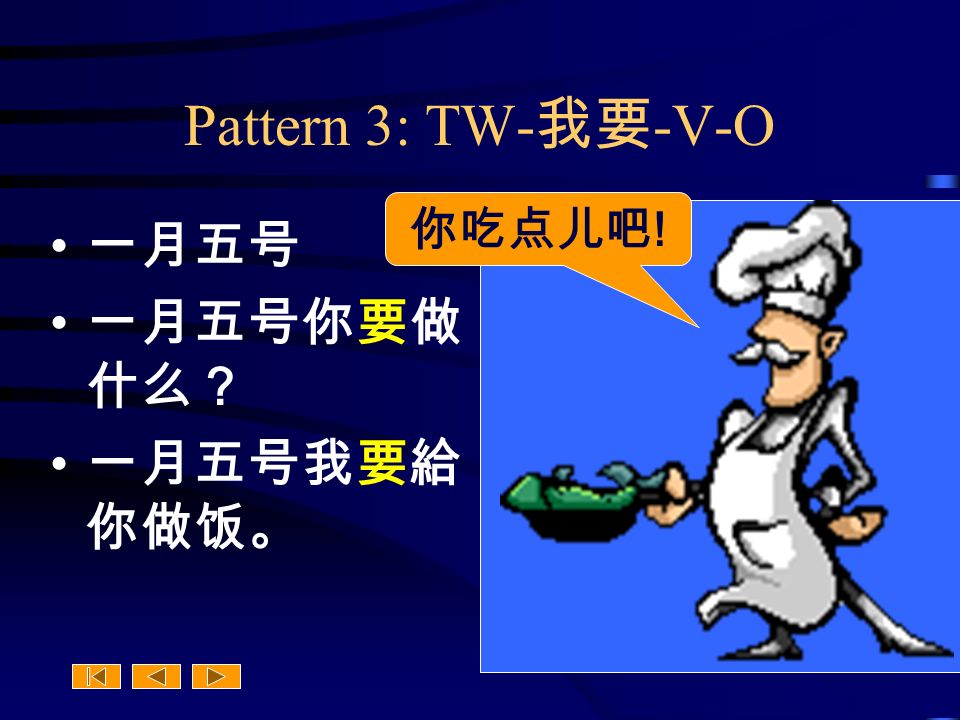Pattern 3: TW- 我要 -V-O 一月五号 一月五号你要做 什么？ 一月五号我要給 你做饭。 你吃点儿吧 !