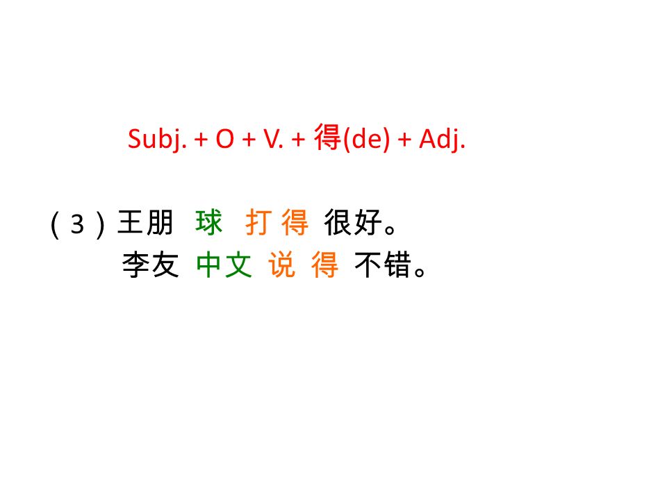 Subj. + O + V. + 得 (de) + Adj. （ 3 ）王朋 球 打 得 很好。 李友 中文 说 得 不错。