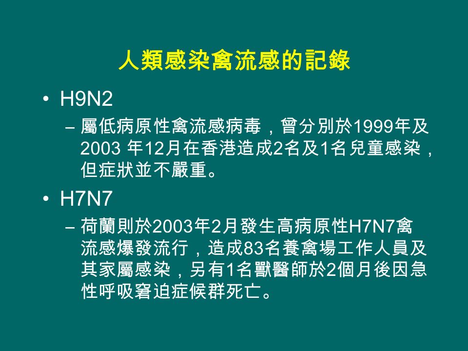 人類感染禽流感的記錄 H9N2 – 屬低病原性禽流感病毒，曾分別於 1999 年及 2003 年 12 月在香港造成 2 名及 1 名兒童感染， 但症狀並不嚴重。 H7N7 – 荷蘭則於 2003 年 2 月發生高病原性 H7N7 禽 流感爆發流行，造成 83 名養禽場工作人員及 其家屬感染，另有 1 名獸醫師於 2 個月後因急 性呼吸窘迫症候群死亡。