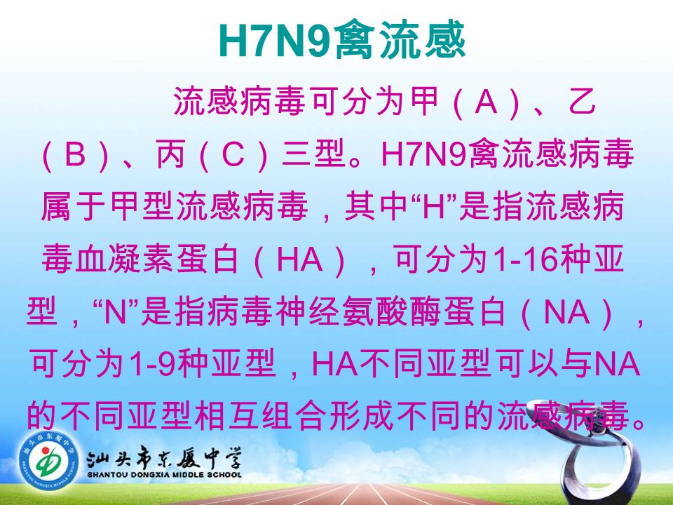 H7N9 禽流感 流感病毒可分为甲（ A ）、乙 （ B ）、丙（ C ）三型。 H7N9 禽流感病毒 属于甲型流感病毒，其中 H 是指流感病 毒血凝素蛋白（ HA ），可分为 1-16 种亚 型， N 是指病毒神经氨酸酶蛋白（ NA ）， 可分为 1-9 种亚型， HA 不同亚型可以与 NA 的不同亚型相互组合形成不同的流感病毒。