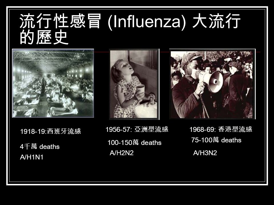 流行性感冒 (Influenza) 大流行 的歷史 : 西班牙流感 4 千萬 deaths A/H1N : 亞洲型流感 萬 deaths A/H2N : 香港型流感 萬 deaths A/H3N2