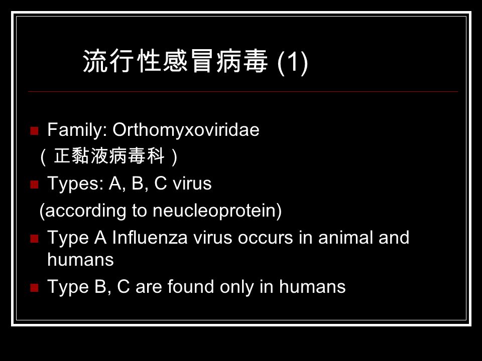 流行性感冒病毒 (1) Family: Orthomyxoviridae （正黏液病毒科） Types: A, B, C virus (according to neucleoprotein) Type A Influenza virus occurs in animal and humans Type B, C are found only in humans