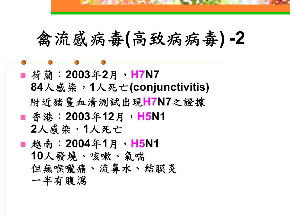 禽流感病毒 ( 高致病病毒 ) -1 第一次跨物種感染人類 1997 Hong Kong- 第一次跨物種感染人類 18 人感染， 6 人死亡 (MR ≒ 33%) 一般流感死亡率 0.01% A / Hong Kong / 156 / 97 H5N1 發燒、咳嗽、喉嚨痛、呼吸困難、肺炎 淋巴球減少、肝腎功能異常、凝血異常 (1-2 wks later) 家禽從業人員 5/29(17%) 抗體陽性 3 天內殺死 150 萬鳥類，避免直接感染人類造成大流 行