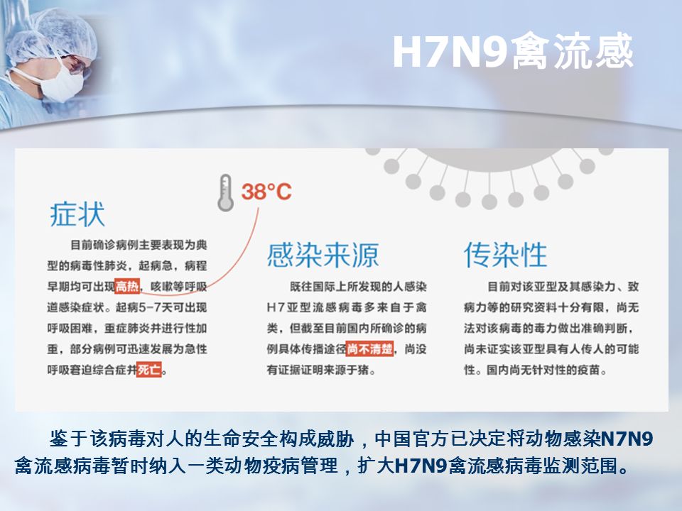 鉴于该病毒对人的生命安全构成威胁，中国官方已决定将动物感染 N7N9 禽流感病毒暂时纳入一类动物疫病管理，扩大 H7N9 禽流感病毒监测范围。