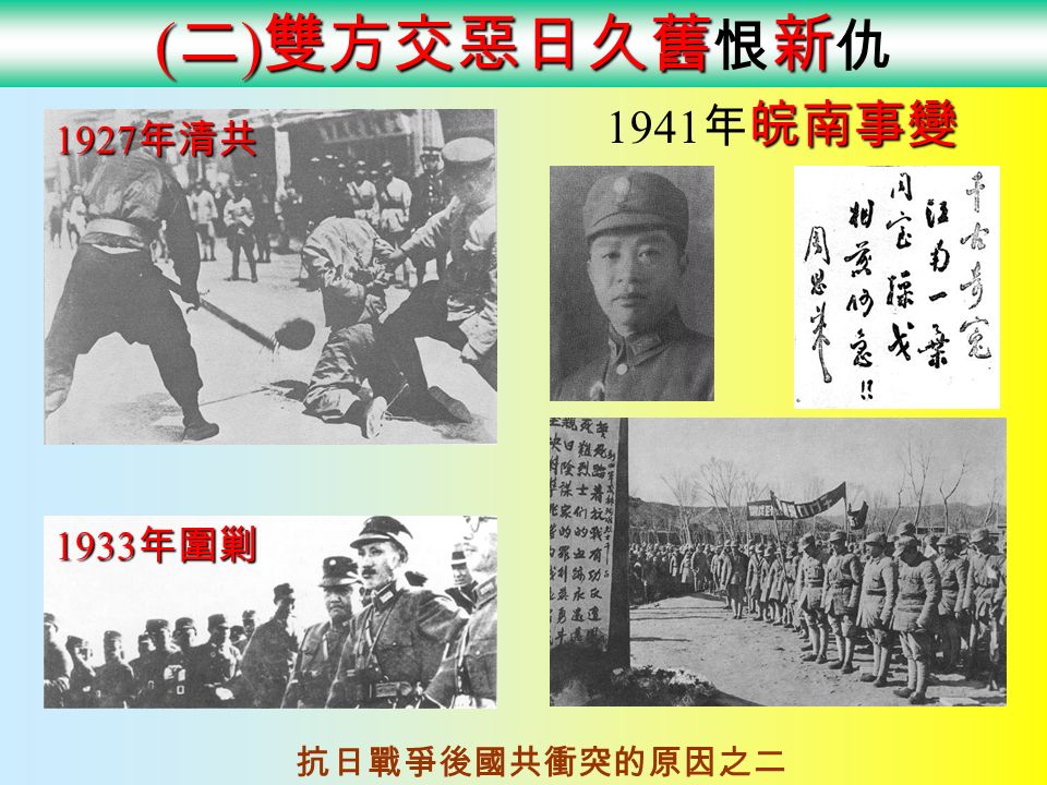 ( 一 ) 兩黨主義不同 抗日戰爭後國共衝突的原因之一 中國共產黨 信仰 馬克思主義 中國國民黨 信仰 三民主義