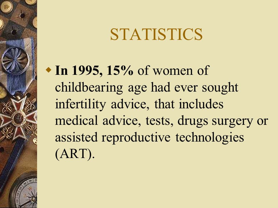 STATISTICS  In 1995, 15% of women of childbearing age had ever sought infertility advice, that includes medical advice, tests, drugs surgery or assisted reproductive technologies (ART).