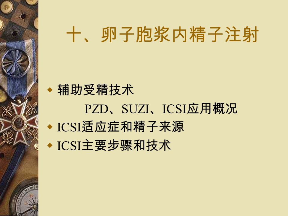 十、卵子胞浆内精子注射  辅助受精技术 PZD 、 SUZI 、 ICSI 应用概况  ICSI 适应症和精子来源  ICSI 主要步骤和技术