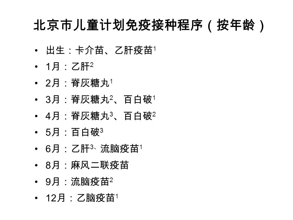 北京市儿童计划免疫接种程序（按年龄） 出生：卡介苗、乙肝疫苗 1 1 月：乙肝 2 2 月：脊灰糖丸 1 3 月：脊灰糖丸 2 、百白破 1 4 月：脊灰糖丸 3 、百白破 2 5 月：百白破 3 6 月：乙肝 3 、 流脑疫苗 1 8 月：麻风二联疫苗 9 月：流脑疫苗 2 12 月：乙脑疫苗 1