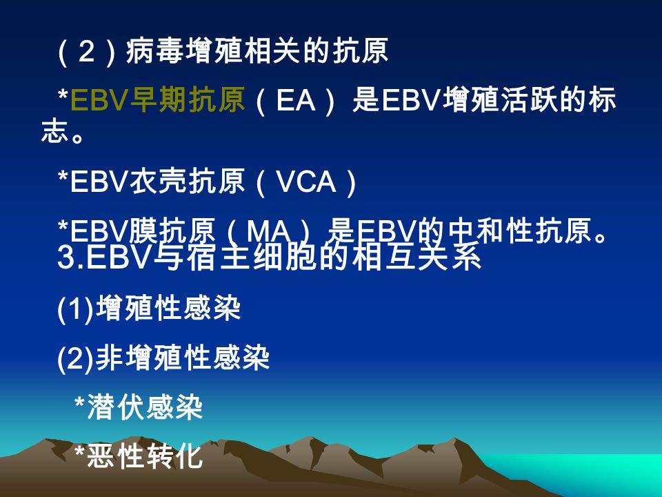 （ 2 ）病毒增殖相关的抗原 *EBV 早期抗原（ EA ） 是 EBV 增殖活跃的标 志。 *EBV 衣壳抗原（ VCA ） *EBV 膜抗原（ MA ） 是 EBV 的中和性抗原。 3.EBV 与宿主细胞的相互关系 (1) 增殖性感染 (2) 非增殖性感染 * 潜伏感染 * 恶性转化
