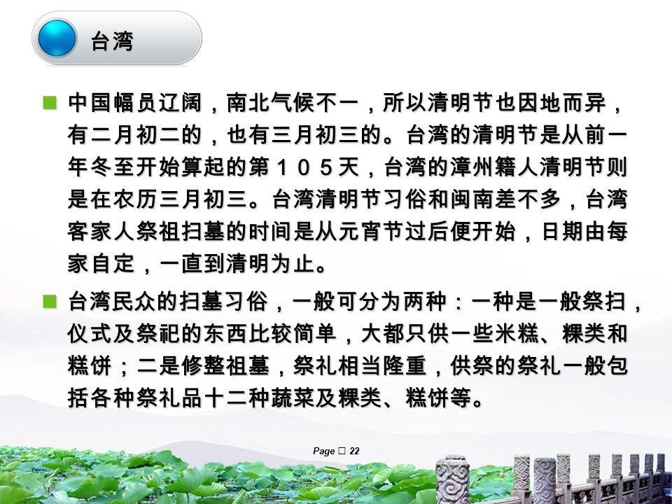 LOGO Page  22 中国幅员辽阔，南北气候不一，所以清明节也因地而异， 有二月初二的，也有三月初三的。台湾的清明节是从前一 年冬至开始算起的第１０５天，台湾的漳州籍人清明节则 是在农历三月初三。台湾清明节习俗和闽南差不多，台湾 客家人祭祖扫墓的时间是从元宵节过后便开始，日期由每 家自定，一直到清明为止。 中国幅员辽阔，南北气候不一，所以清明节也因地而异， 有二月初二的，也有三月初三的。台湾的清明节是从前一 年冬至开始算起的第１０５天，台湾的漳州籍人清明节则 是在农历三月初三。台湾清明节习俗和闽南差不多，台湾 客家人祭祖扫墓的时间是从元宵节过后便开始，日期由每 家自定，一直到清明为止。 台湾民众的扫墓习俗，一般可分为两种：一种是一般祭扫， 仪式及祭祀的东西比较简单，大都只供一些米糕、粿类和 糕饼；二是修整祖墓，祭礼相当隆重，供祭的祭礼一般包 括各种祭礼品十二种蔬菜及粿类、糕饼等。 台湾民众的扫墓习俗，一般可分为两种：一种是一般祭扫， 仪式及祭祀的东西比较简单，大都只供一些米糕、粿类和 糕饼；二是修整祖墓，祭礼相当隆重，供祭的祭礼一般包 括各种祭礼品十二种蔬菜及粿类、糕饼等。 台湾