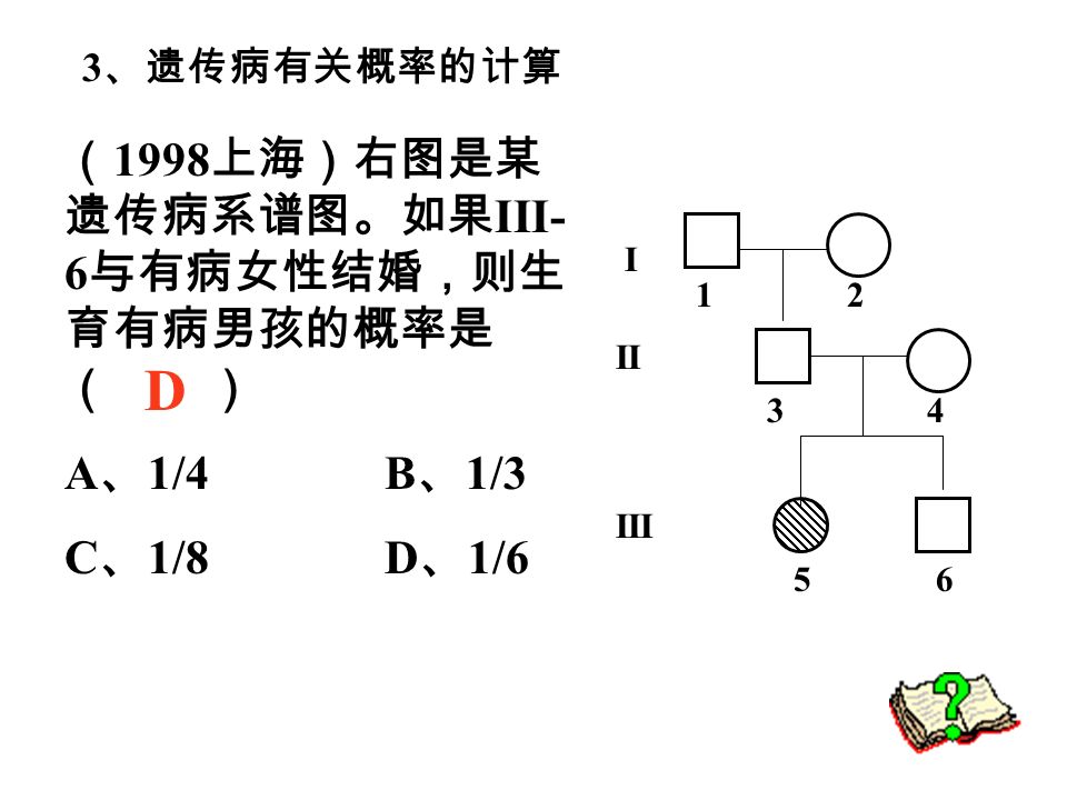 3 、遗传病有关概率的计算 （ 1998 上海）右图是某 遗传病系谱图。如果 III- 6 与有病女性结婚，则生 育有病男孩的概率是 （ ） A 、 1/4B 、 1/3 C 、 1/8D 、 1/6 I II III D