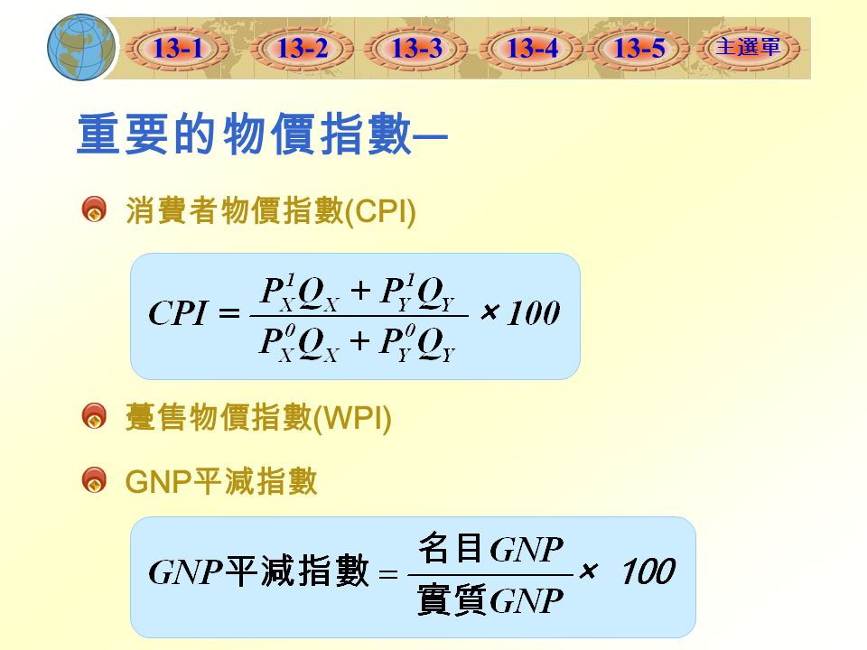 主選單 13-5 重要的物價指數 ─ 消費者物價指數 (CPI) 躉售物價指數 (WPI) GNP 平減指數