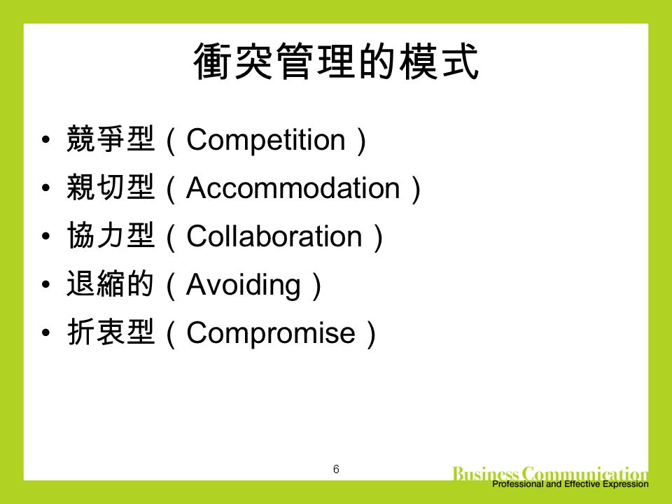 6 衝突管理的模式 競爭型（ Competition ） 親切型（ Accommodation ） 協力型（ Collaboration ） 退縮的（ Avoiding ） 折衷型（ Compromise ）