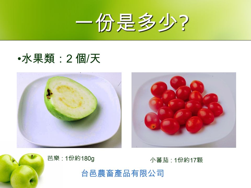 水果類： 2 個 / 天 芭樂 : 1 份約 180g 小蕃茄 : 1 份約 17 顆 台邑農畜產品有限公司 一份是多少