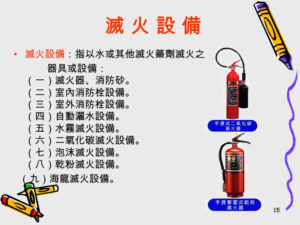 15 滅 火 設 備 滅 火 設 備 滅火設備：指以水或其他滅火藥劑滅火之 器具或設備： （一）滅火器、消防砂。 （二）室內消防栓設備。 （三）室外消防栓設備。 （四）自動灑水設備。 （五）水霧滅火設備。 （六）二氧化碳滅火設備。 （七）泡沫滅火設備。 （八）乾粉滅火設備。 （九）海龍滅火設備。